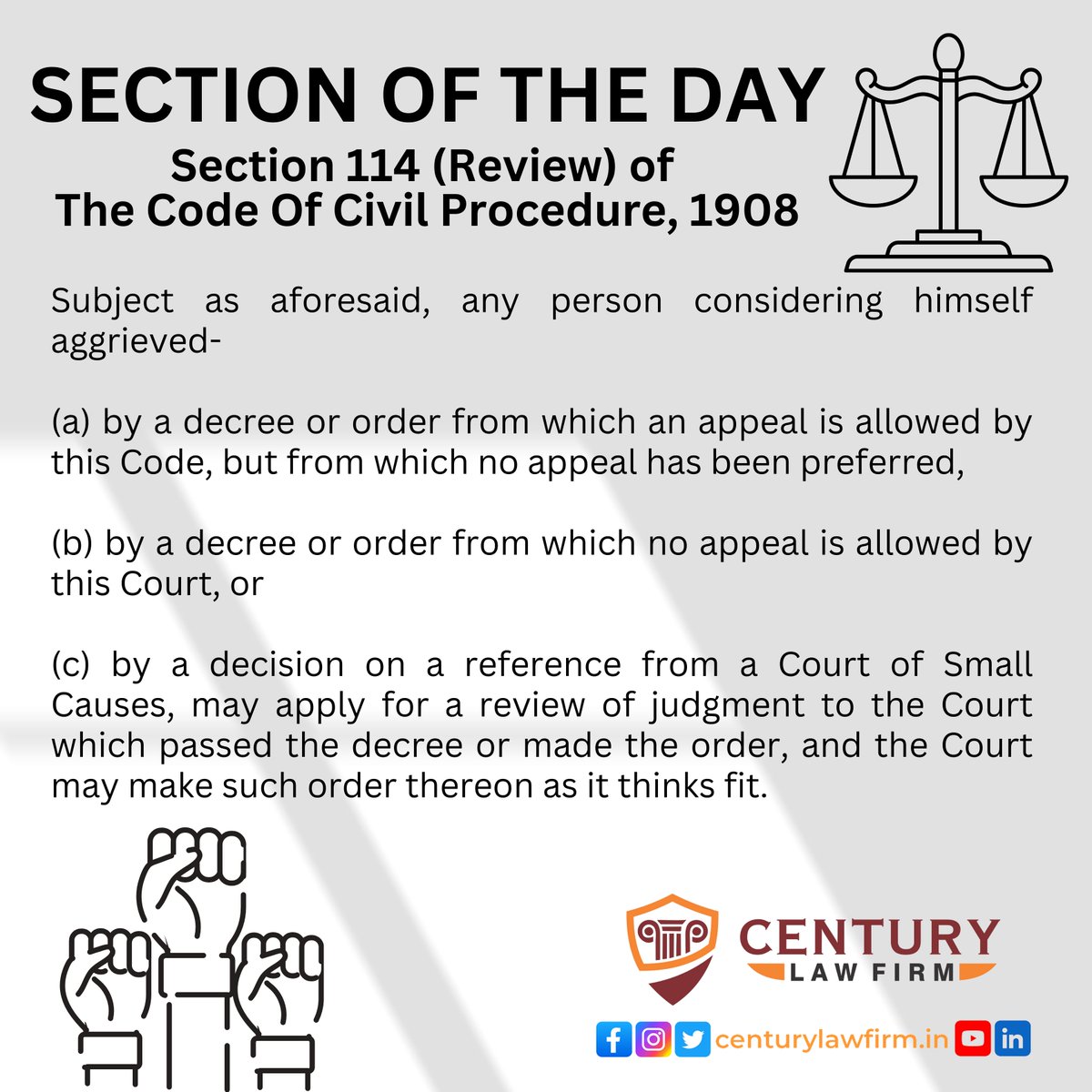 SECTION OF THE DAY

Section 114 (Review) of 
The Code Of Civil Procedure, 1908

centurylawfirm.in

#114 #section114 #law #lawschool #legalmaxim #lawyers #news #maximoftheday #centurylawfirm #lawstudents #lawyerlife #advocate #delhiadvocate #delhihighcourt #supremecourt