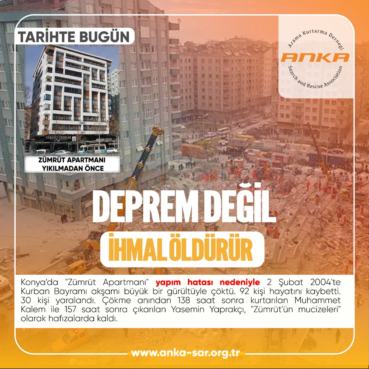 TARİHTE BUGÜN
2 Şubat 2004'te Konya’da "Zümrüt Apartmanı" yapım hatası nedeniyle çöktü. 92 kişi hayatını kaybetti. 30 kişi yaralandı. 
#konya
#zümrütapartmanı
#deprem
#afad
#depremler