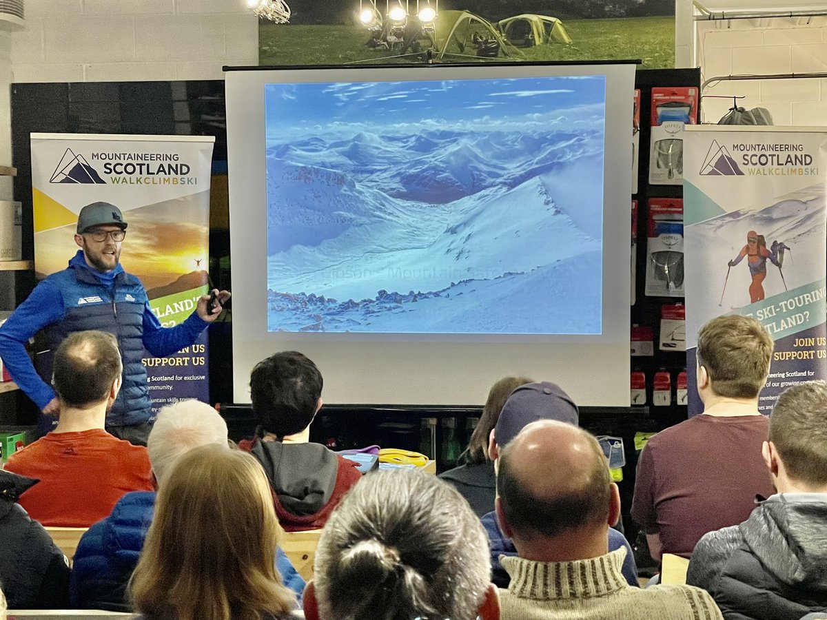 ilona_turnbull's tweet image. Superb #ThinkWINTER safety talk and probing Q&amp;amp;As with my @Mountain_Scot colleagues Ben Gibson &amp;amp; @AJWalker73 last night. A reminder of good practice and new learns eg 4 pairs of gloves is a sensible start, beware missing comfort lines &amp;amp; 90% of people trigger their own avalanches.