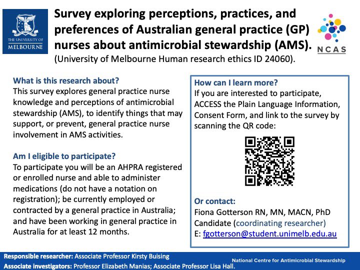 FGotterson's tweet image. Australian practice nurses, this online survey closes end of February. Share your perspective on #antimicrobialstewardship. Information below or scan the QR code. Please share and retweet! @NCAS_Aus. @APNAnurses @acn_tweet @ACIPC