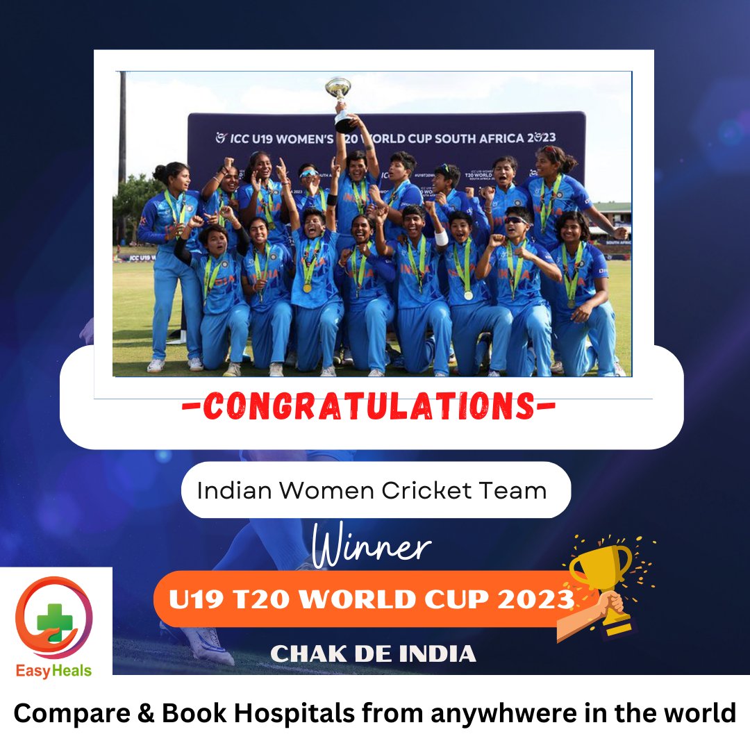 EasyHeals's tweet photo. Congratulations Team India 👏
WORLD CHAMPIONS
.
.
.
.
#easyheals #india #u19 #worldcup2023 #womenteam #ChakDeIndia https://t.co/HPs9XLtWo5