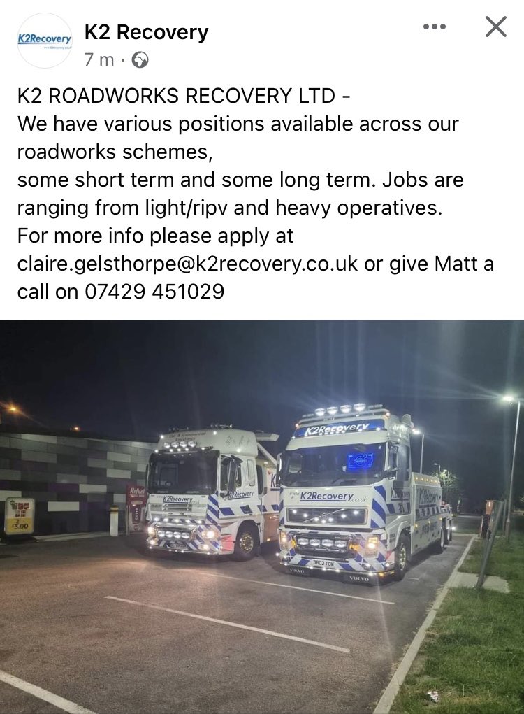 K2Recovery's tweet photo. We are hiring!!! #K2Recovery #Roadworks #Recovery https://t.co/IXjuT1MewO