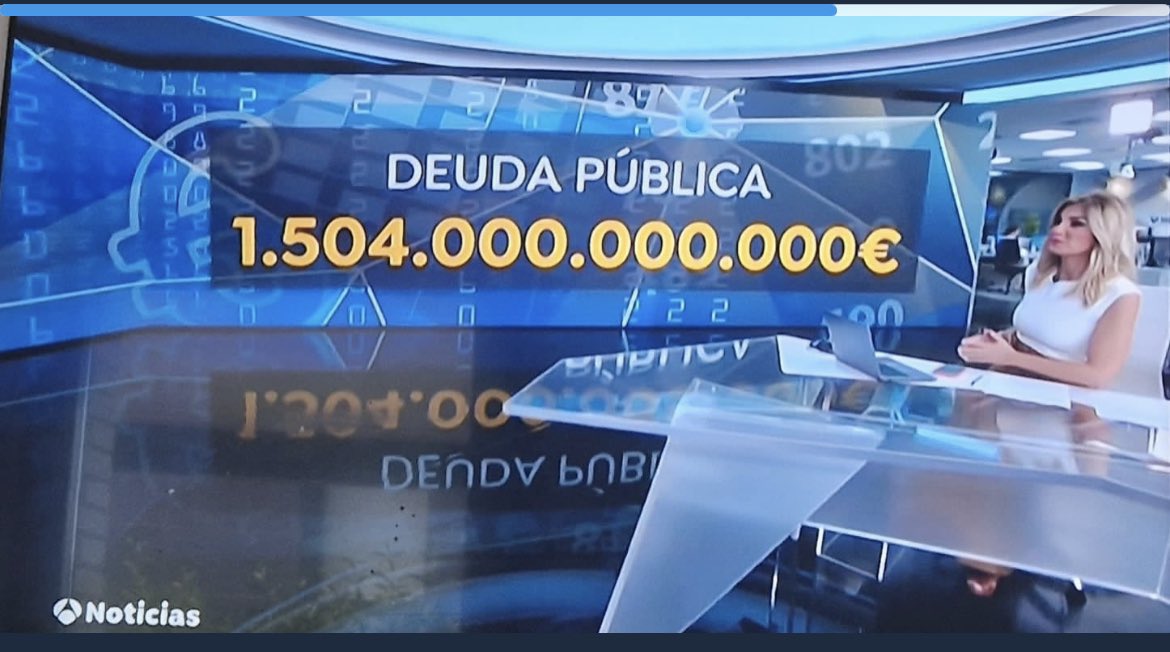¿Sabían que la deuda de España acaba de batir un nuevo récord y se sitúa en 1,5 billones de €? 
Cada niño que nazca en nuestro país lo hará con una deuda de 35.000 €.
Suben un 8% las pensiones de hoy, para ganar votos, a costa de hundir en la miseria a jóvenes y niños, mañana.