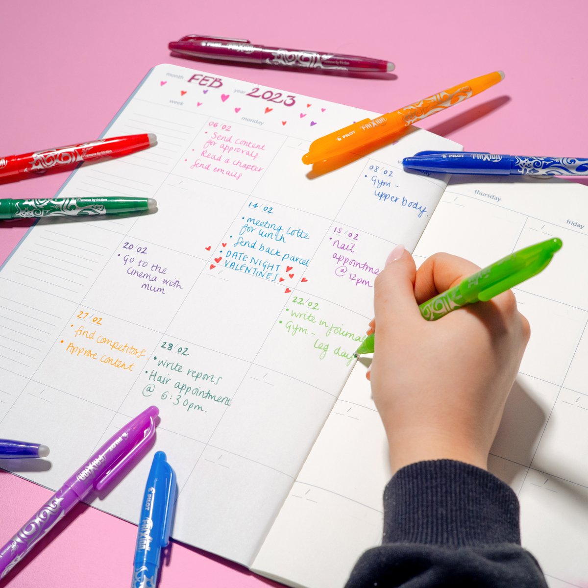 PilotPenUK's tweet photo. Write your February calendar using our FriXion pens 🖊️
They come in a range of vibrant colours and if you make a mistake, simply erase 🤯
#FriXion #PilotFriXion #ErasablePens #Calendar #PilotPen #PilotPenUK #WriteYourWorld #FriXionBall https://t.co/Yd06xkRCVG