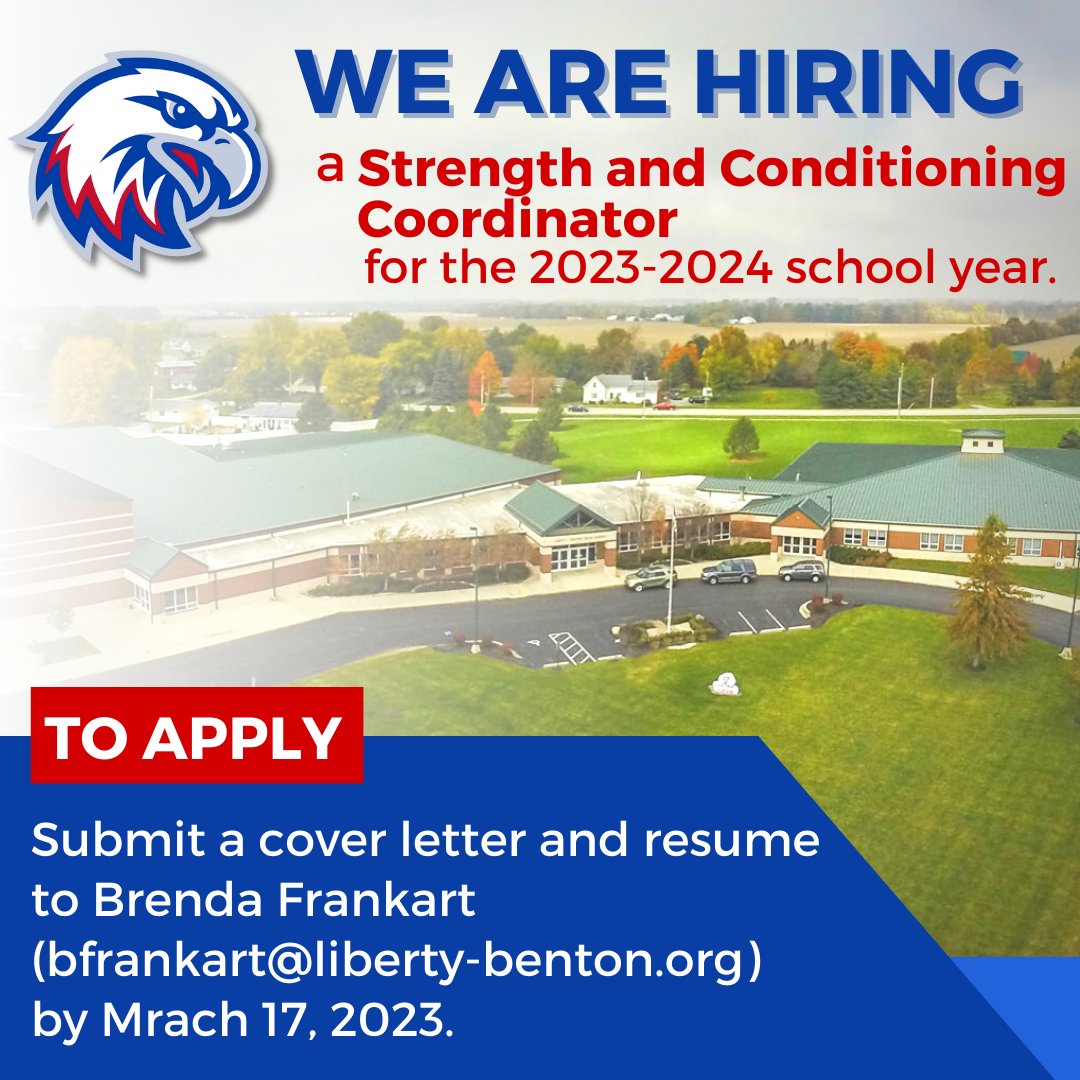 Liberty-Benton Local Schools (@lblocalschools) on Twitter photo Weโre hiring! LB Schools is hiring a Strength and Conditioning Coordinator for the 2023-2024 school year! All interested applicants should send a resume, cover letter and three references to Brenda Frankart at โก๏ธ bfrankart@liberty-benton.org by March 17, 2023. ๐ฆ
#WeAreLB Weโre hiring! LB Schools is hiring a Strength and Conditioning Coordinator for the 2023-2024 school year! All interested applicants should send a resume, cover letter and three references to Brenda Frankart at โก๏ธ bfrankart@liberty-benton.org by March 17, 2023. ๐ฆ
#WeAreLB