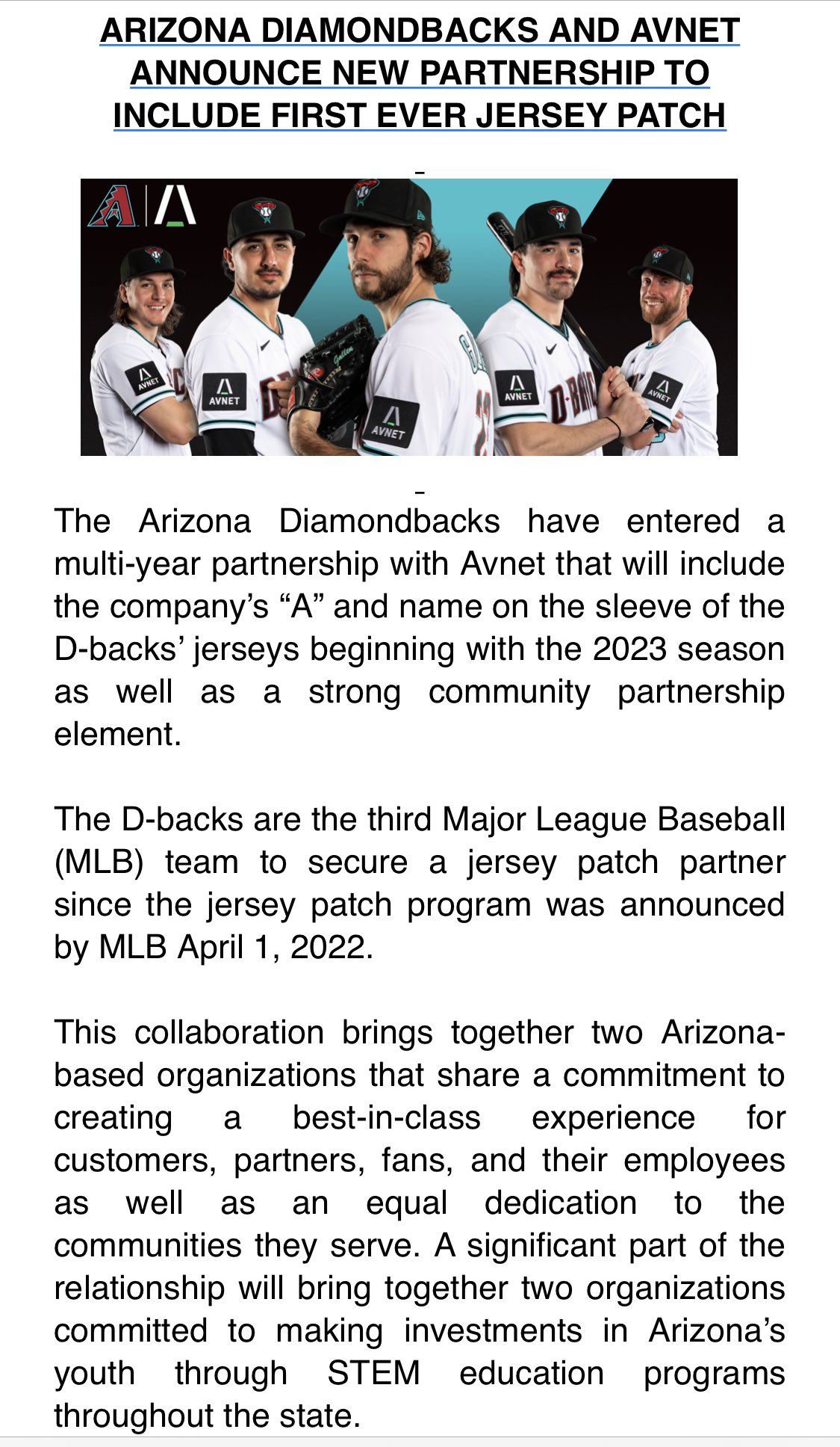 Arizona Diamondbacks, Avnet partner for jersey patch during 2023