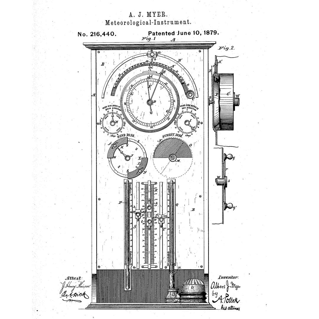 U.S. patent no 216,440 for a large, complex looking meteorological instrument with several meters and dials