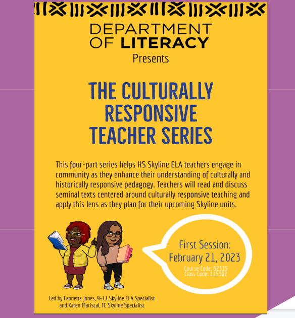 CPS High School ELA teachers!
Please join us February 21st for our first series session on Culturally Responsive Teaching. We'll be focusing on 9-12th grade Skyline texts as well as the inner work it takes to be a culturally responsive teacher in 2023.

docs.google.com/forms/d/e/1FAI…