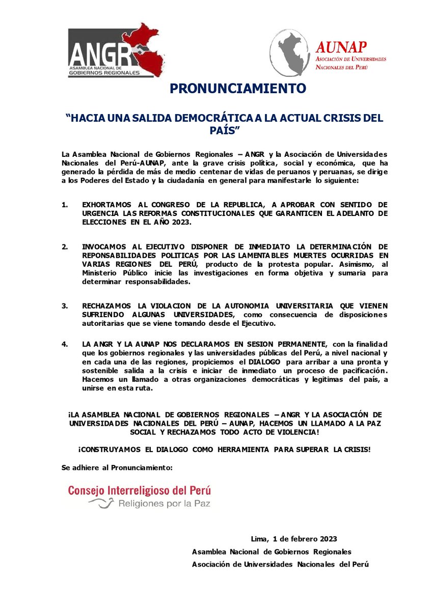 #Pronunciamientol La AUNAP, la ANGR y con la adhesión del Consejo Interreligioso del Perú, se pronuncian buscando una salida democrática frente a la actual crisis poĺitica que atraviesa el país.