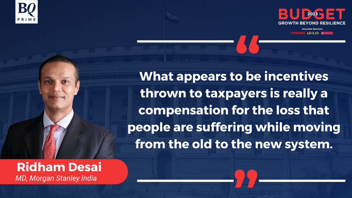 NDTVProfitAlpha's tweet photo. #BudgetWithBQ | The new tax regime launched by the government wasn't "good enough" from an economic perspective and failed to garner interest, according to @MorganStanley's Ridham Desai (@rndx1). #Budget2023 

Read: https://t.co/oGVHoErpRl https://t.co/nA4XOUv77E