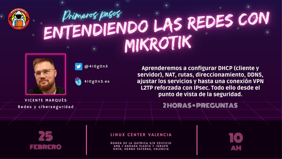 Hackvlc27's tweet photo. Próximo 25 de febrero no de pierdas "Entendiendo las redes con MikroTik. Primeros pasos", de la mano de @410g0n3.

Organizada por @LinuxCenterES y @Hackvlc27

Puedes registrarte aquí: https://t.co/TjIpXpXoPm

Recomendaciones:
- Traer portátil
- Traer Mikrotik

👇 https://t.co/jHxjtCBXt7