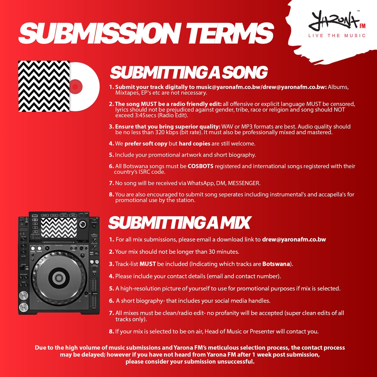 yaronafm's tweet image. You got a song or mix that you believe ke yone that will ROCK Yarona FM listeners? E na le that #YFactor? Send it through to be played on air.📻🎧

𝐏𝐥𝐞𝐚𝐬𝐞 𝐧𝐨𝐭𝐞 - 𝐧𝐨 𝐳𝐢𝐩 𝐟𝐨𝐥𝐝𝐞𝐫𝐬 𝐚𝐧𝐝 𝐚𝐥𝐛𝐮𝐦𝐬 𝐚𝐥𝐥𝐨𝐰𝐞𝐝 ; 𝐚𝐭𝐭𝐚𝐜𝐡 𝐨𝐧𝐥𝐲 𝐚𝐧 𝐦𝐩𝟑!