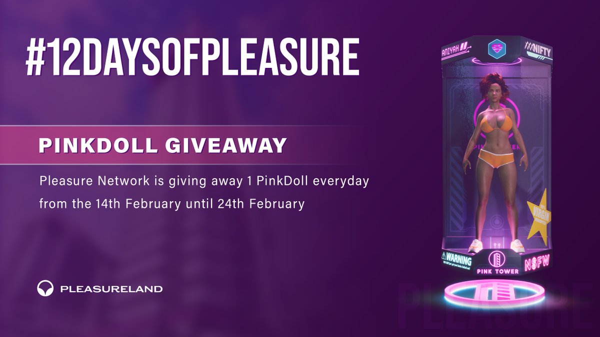 Pleasure_coin's tweet image. 🚀 #12DAYSOFPLEASURE 🔥

@Pleasurelandcom is GIVING AWAY a PinkDoll today! 💖

👀 WORTH $500 💰

To #win is #simple 👇🏻

🤑 BUY at least $10 of $NSFW @Pleasure_coin today 👈🏻 

1 lucky #WINNER will be chosen at #Random 🎩

#prizes #Giveaway #NFTs #Crypto #Metaverse #character #nsfw
