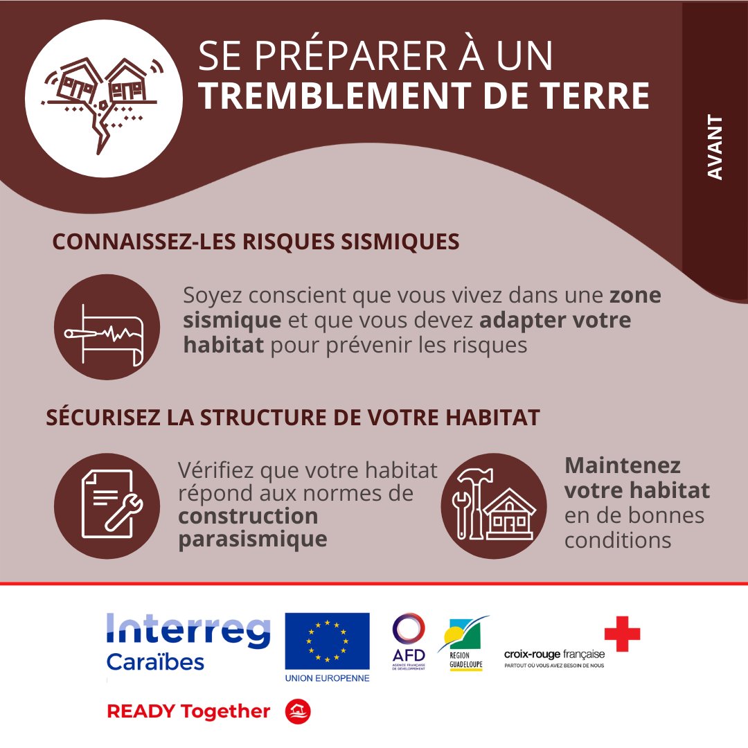 PIRAC_CRF's tweet photo. @Prefet971 @CRGuadeloupe @InterregC @AFD_France ✅Voici 11 manières de se préparer à un #séisme.
Des actions importantes à connaître pour mieux se protéger en cas de catastrophe. A partager autour de vous.
#READY_together https://t.co/Jn1rlQcpTr