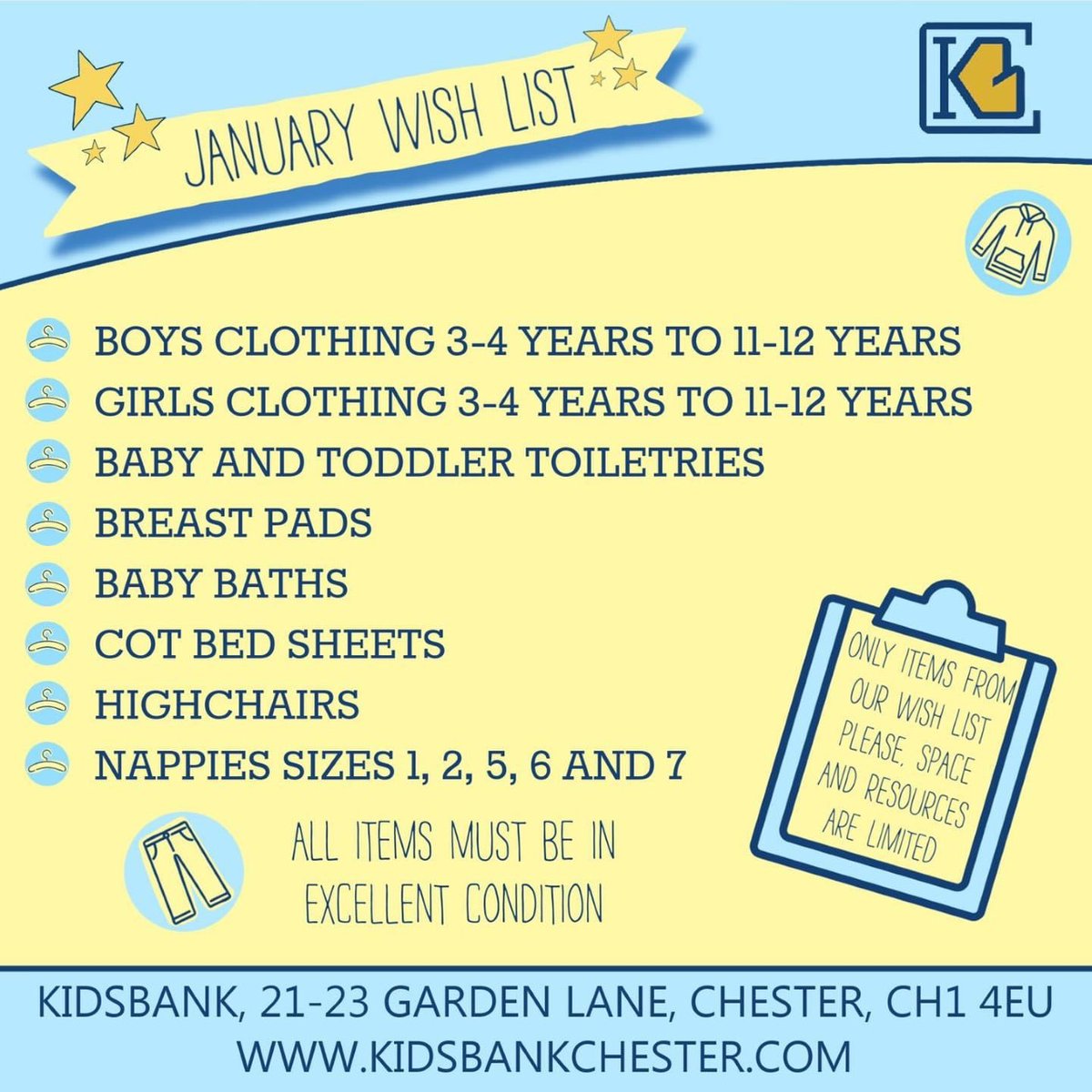 There is still time to help out with any of the listed items below (but only these please)
Items can be dropped off at KidsBank k or at reception here at the Cheshire County Sports Club and would be very much appreciated.