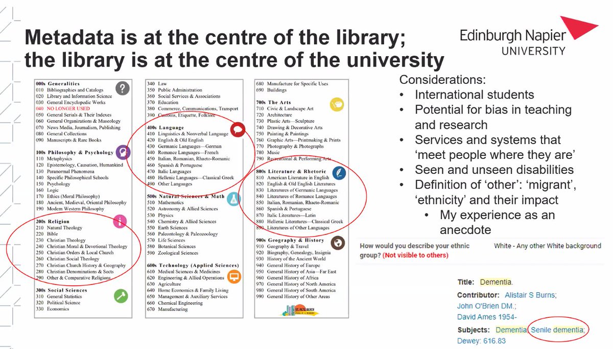 axweir's tweet photo. @infogamerist on how we classify and describe our resources matters: we need to be critical of the bias in teaching and research. (Really glad to say at @InfoSchoolSheff we looked at this - how DDC can reflect bias!) #SCURLEDI https://t.co/ZfCDQ3vpAP