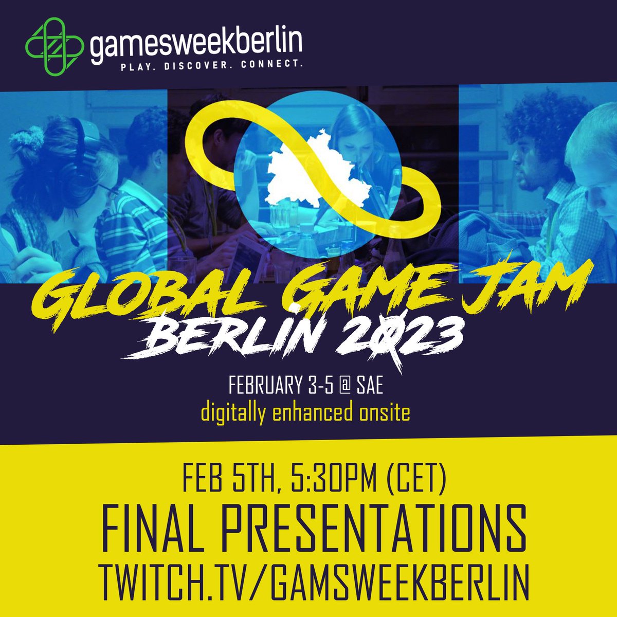 GGJBerlin's tweet photo. We're excited to start the #GGJ23 tomorrow! If you couldn't make it or are simply interested to see what #Berlin's creatives can create in 3 days - Join the final presentations on Feb 5th, 5:30pm (CET) onsite or in our stream hosted by @gamesweekberlin: https://t.co/p63WudRBQ2 https://t.co/flbYiJl07e