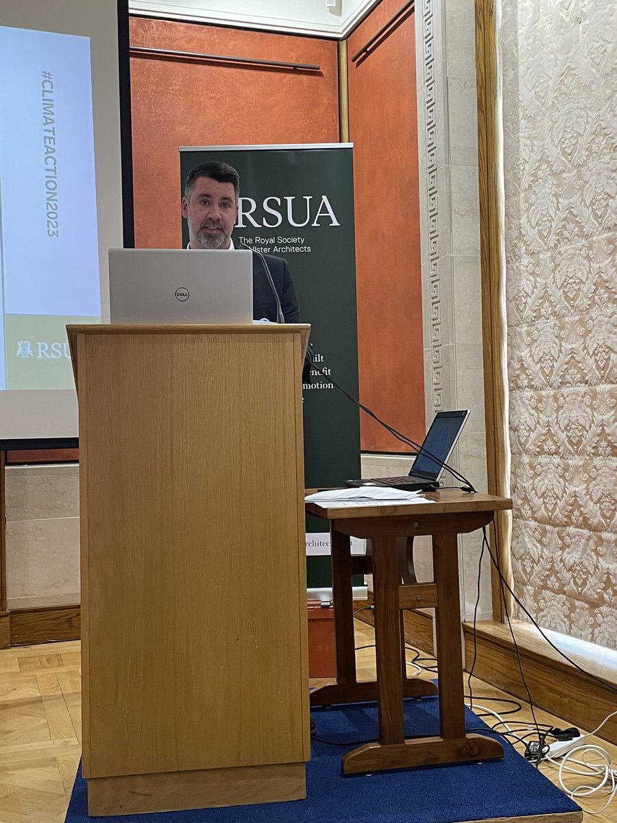 ArchitectureNI's tweet photo. Peter Greenwood covers the topic of heat and power. Calling on the facilitation of local community heat and power production in existing communities and new developments. #climateaction2023 https://t.co/wADztp7qNe