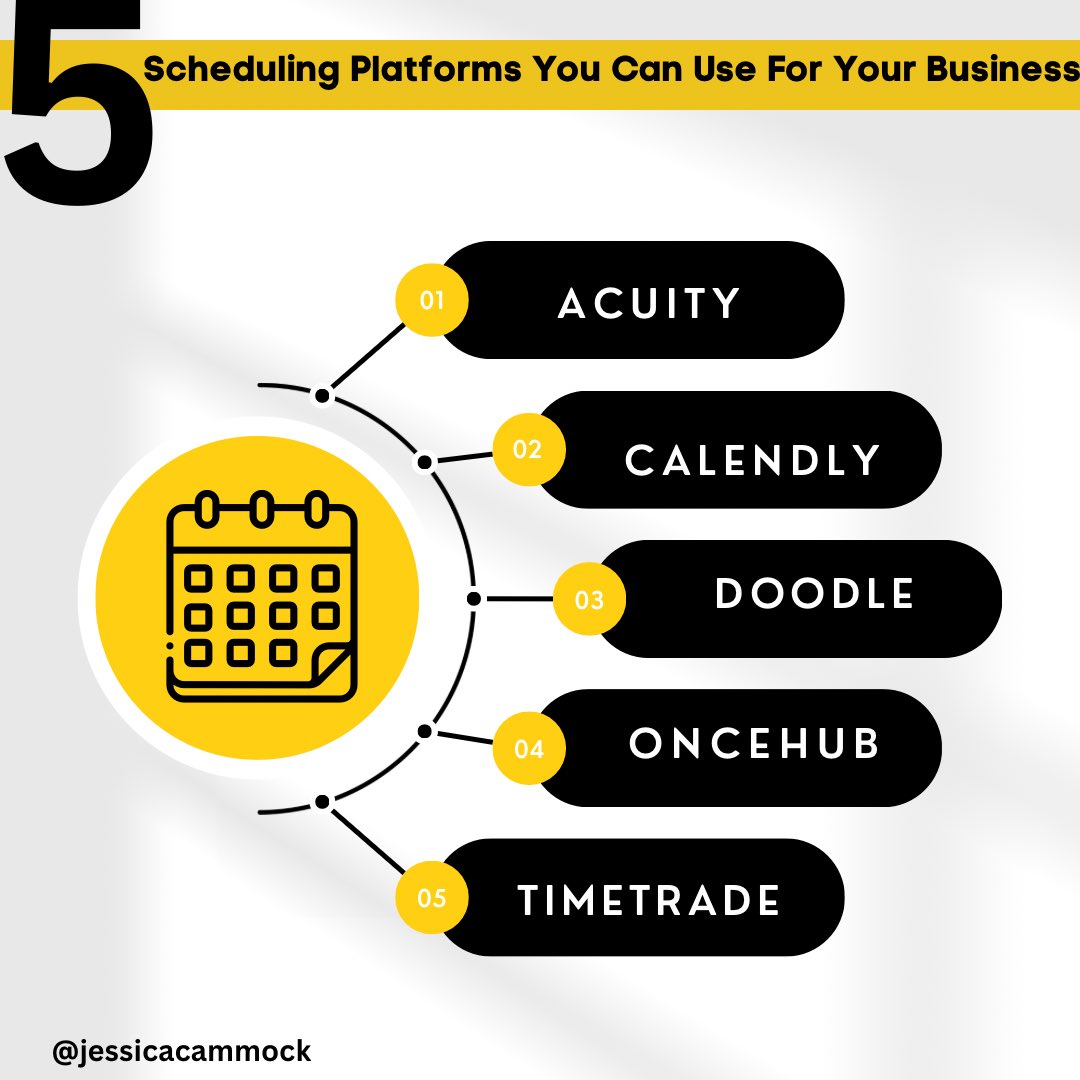 jessicacammock's tweet photo. Using a scheduling tool is an effective way to manage your time.

Here are my 5 top picks of platforms you can use for your clients to schedule appointments with you: #acuity, #calendly, #doodle, #oncehub, and #timetrade. 

Which ☝️ of these are you using to help you? https://t.co/oCRIrfrwJA