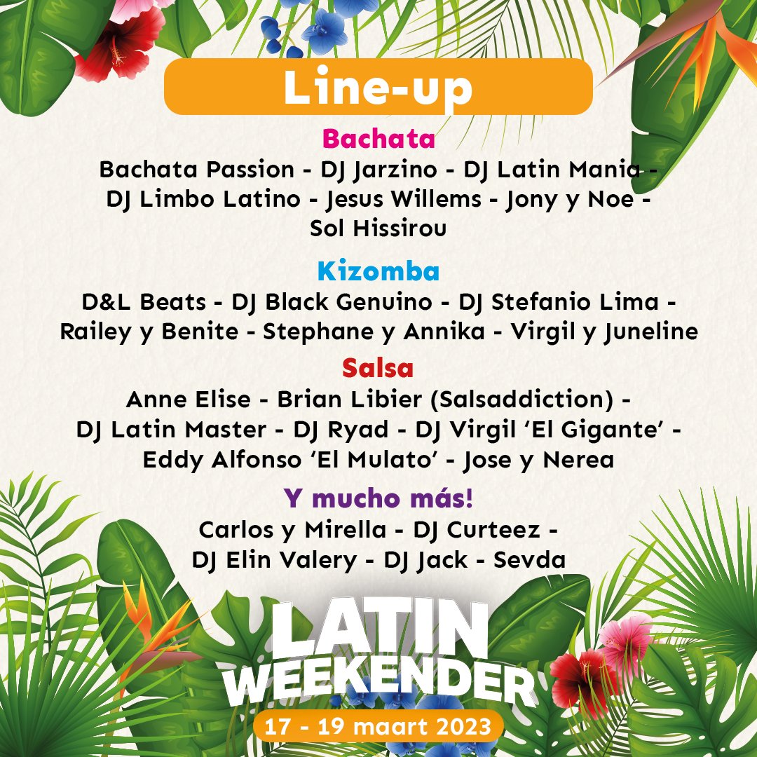 Latin Lovers! De 𝗚𝗘𝗛𝗘𝗟𝗘 line-up voor Latin Weekender 2023 is bekend! 🤩 Deze artiesten gaan zorgen voor een 𝗢𝗡𝗩𝗘𝗥𝗚𝗘𝗧𝗘𝗟𝗜𝗝𝗞 weekeinde 💃🕺

Wij kunnen niet wachten om te feesten! Waar kijk jij het meest naar uit? 😍🪩👇

#latinweekender #salsa #bachata #kizomba