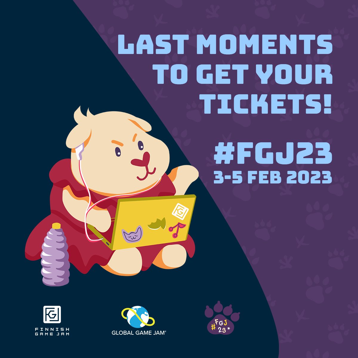 FinnishGameJam's tweet photo. The #FGJ23 ticket sale ends at midnight! If you haven't already got your ticket, do so ASAP. See you this weekend!

#FGJ23 #FGJ #GGJ23 #indiedev #gamejam https://t.co/1i2lm4OFVL