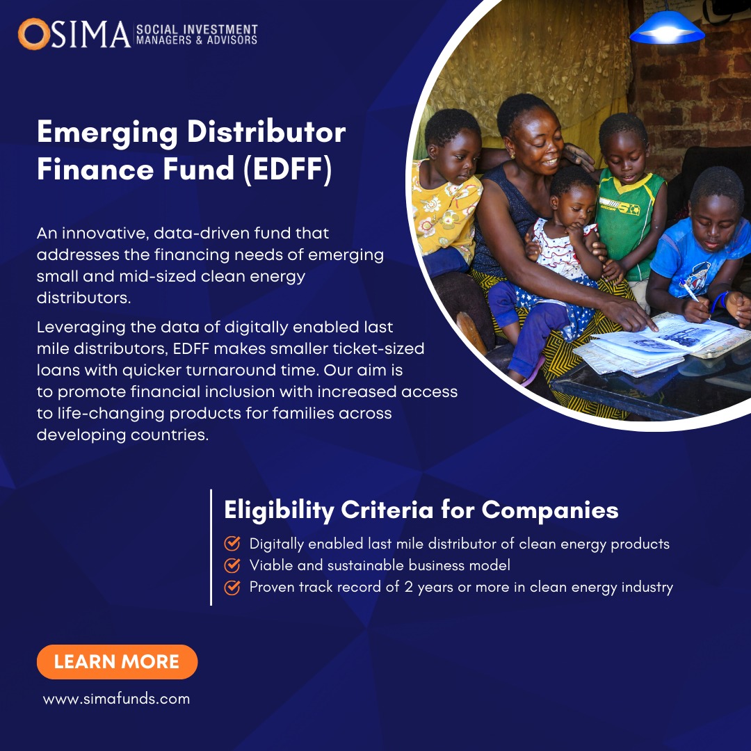 SIMA_Funds's tweet photo. EDFF aims to promote financial inclusion by addressing the financing needs of emerging small and mid-sized clean energy distributors across developing countries.

Submit your applications here:
https://t.co/zPEKDXj67r

#impactinvesting #energy #offgridsolar #edff #simafunds https://t.co/c98mSR9LQq