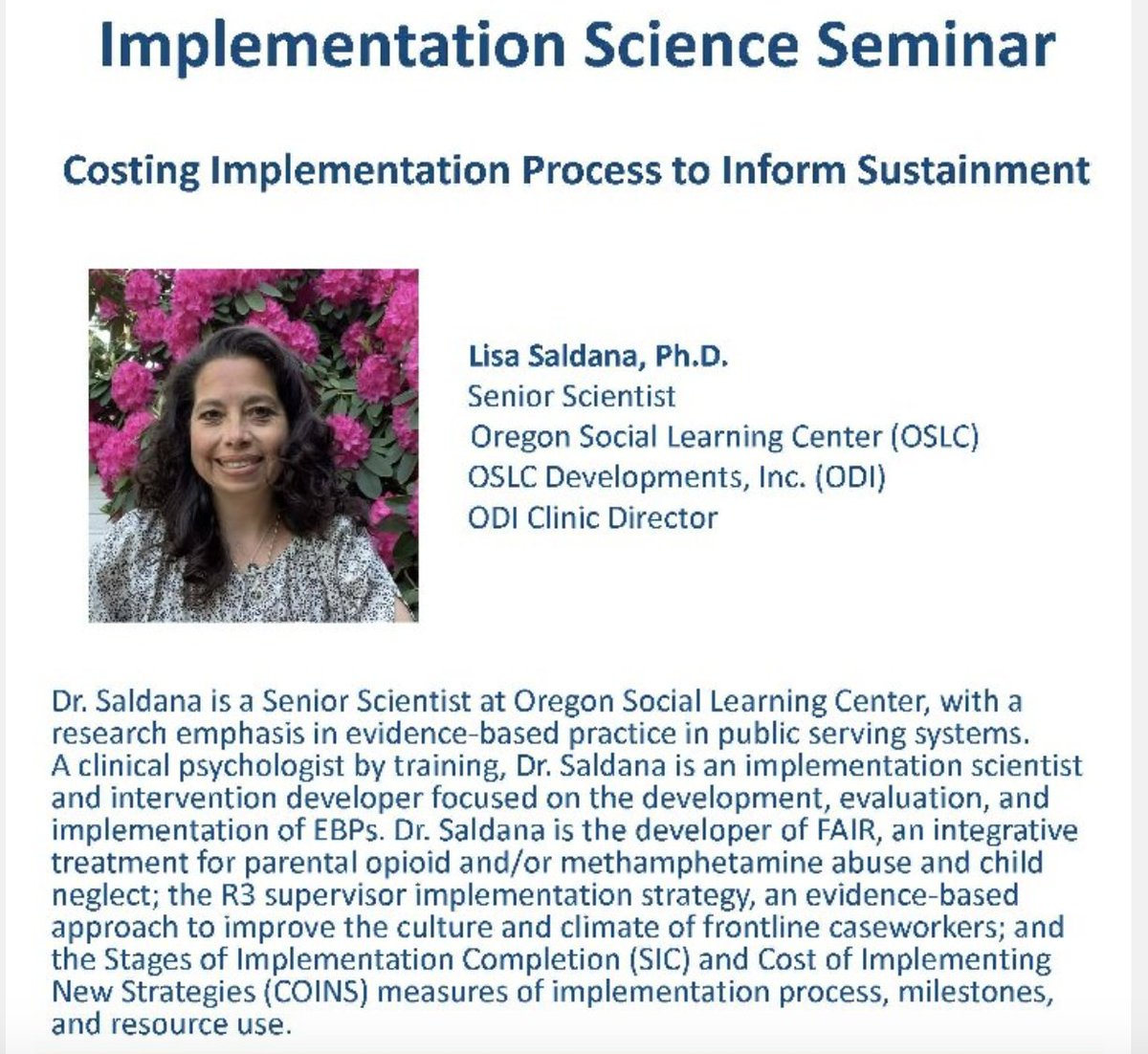 Join us tomorrow Feb 3 at 12 pm EST for our monthly Implementation Science Seminar series by the fabulous Dr. Lisa Saldana on 'Costing Implementation Process to Inform Sustainment' and the new COINS measure. We can't wait! #impsci <a href="/ColumbiaMSPH/">ColumbiaPublicHealth</a> <a href="/ColumbiaMed/">Columbia Medicine</a>