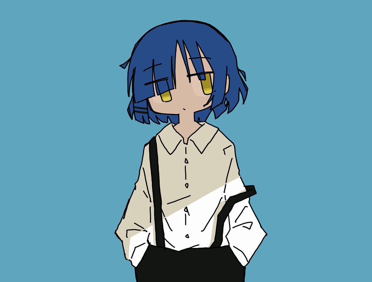 1girl solo blue hair shirt suspenders yellow eyes simple background  illustration images