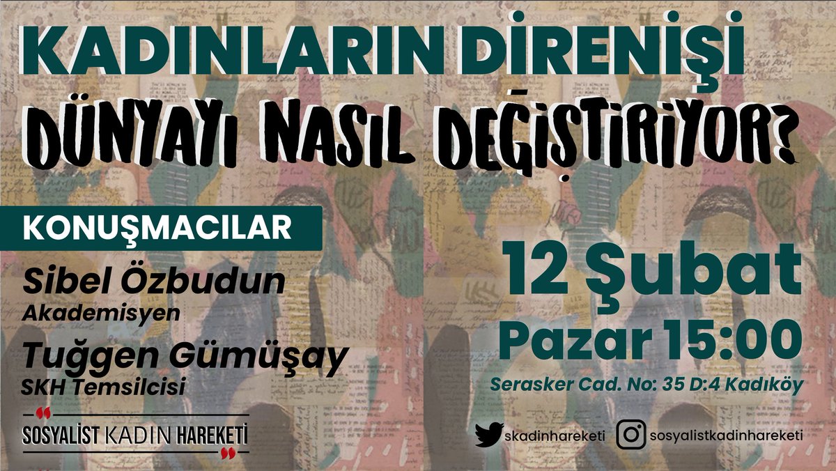 Sosyalist Kadın Hareketi (@skadinhareketi) on Twitter photo 2023-02-02 13:58:25 📌Kadıköy Konuşmacı olarak @sozbudun'un katılacağı 'Kadınların Direnişi Dünyayı Nasıl Değiştiriyor?' adlı panelimizde bir araya geliyoruz. 🗓️12 Şubat Pazar 15:00 Katılım için formu doldurabilirsin👇 forms.gle/TEH2dgZuzwaBiK… 📌Kadıköy Konuşmacı olarak @sozbudun'un katılacağı 'Kadınların Direnişi Dünyayı Nasıl Değiştiriyor?' adlı panelimizde bir araya geliyoruz. 🗓️12 Şubat Pazar 15:00 Katılım için formu doldurabilirsin👇 forms.gle/TEH2dgZuzwaBiK…