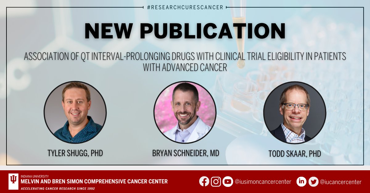 IU Simon Comprehensive Cancer Center (@iucancercenter) on Twitter photo Our own Drs. <a href="/ShuggTyler/">Tyler Shugg</a>, Bryan Schneider, Todd Skaar, and colleagues demonstrate that prescriptions for QT-prolonging drugs were associated with longer corrected QT interval measurements and increased odds of being excluded from cancer clinical trials. 🔗ow.ly/iiyG50MnQUt Our own Drs. <a href="/ShuggTyler/">Tyler Shugg</a>, Bryan Schneider, Todd Skaar, and colleagues demonstrate that prescriptions for QT-prolonging drugs were associated with longer corrected QT interval measurements and increased odds of being excluded from cancer clinical trials. 🔗ow.ly/iiyG50MnQUt