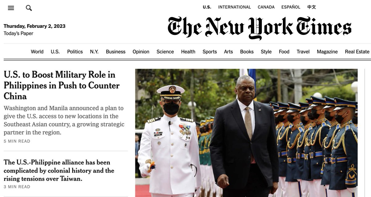 Jose Antonio Vargas (@joseiswriting) on Twitter photo You cannot tell the modern history of the United States without the Philippines.
The Philippines was America's first exercise in imperialism in 1902.
And here we are, in 2023, on the front page of today's <a href="/nytimes/">The New York Times</a>. You cannot tell the modern history of the United States without the Philippines.
The Philippines was America's first exercise in imperialism in 1902.
And here we are, in 2023, on the front page of today's <a href="/nytimes/">The New York Times</a>.