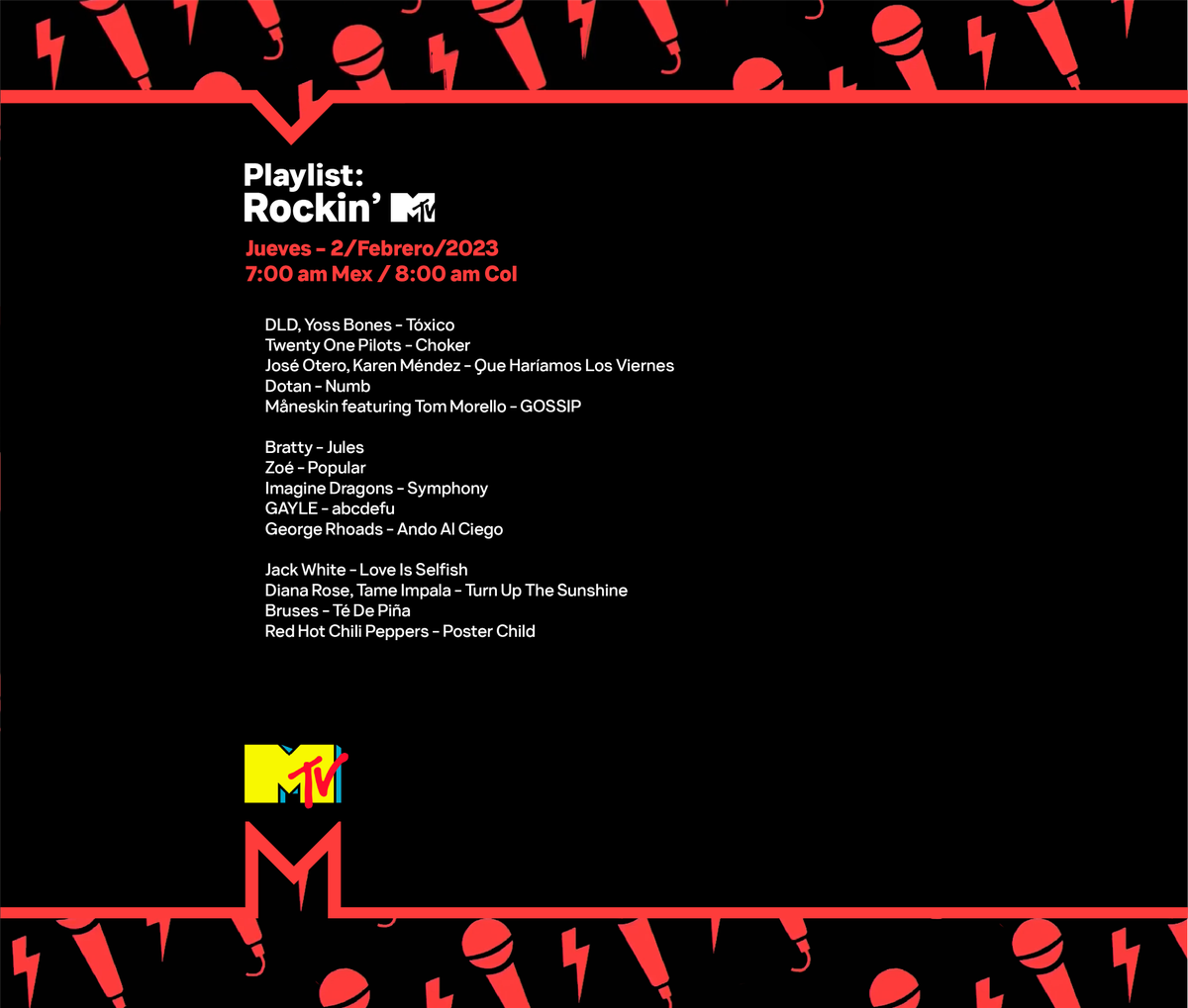 manucarrera_m's tweet photo. Esto fue lo que sonó en "Playlist: Rockin' MTV" (2/Febrero/2023)
@MTVLA #MTVPlaylist #MTVRocks https://t.co/50QDP6ykfx