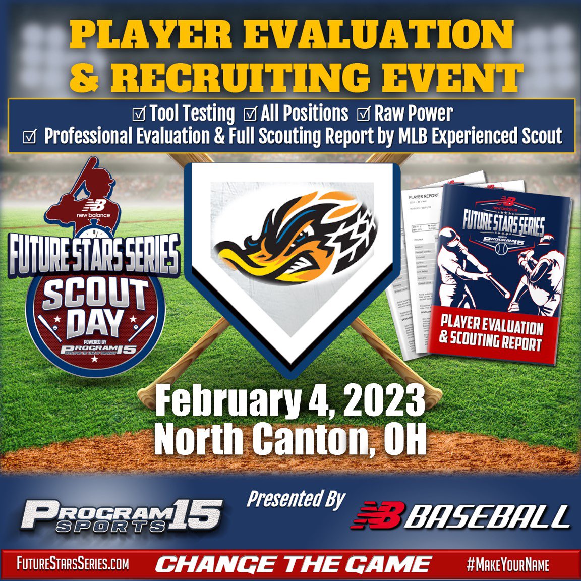 We have partnered with <a href="/ftrstarsseries/">New Balance 𝗙𝘂𝘁𝘂𝗿𝗲 𝗦𝘁𝗮𝗿𝘀 𝗦𝗲𝗿𝗶𝗲𝘀</a> to create Akron RubberDucks Amateur Scout Day on Feb. 4 at @DbatNorth! 

Event is $250 and players will receive a full scouting report as well as a <a href="/newbalance/">New Balance</a> t-shirt and hat! 

For full info &amp; to register: atmilb.com/3X3BZZD