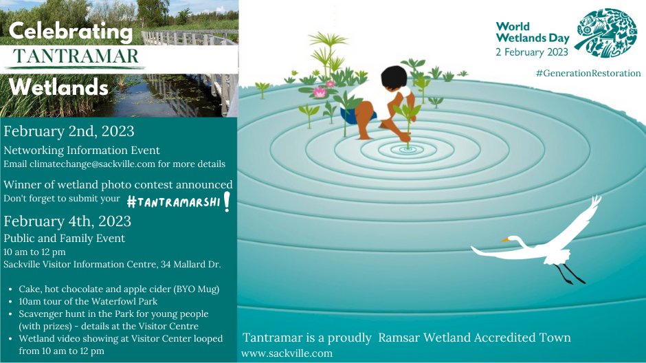 Happy World Wetland Day! Be sure to join us for a fun-filled community event this Saturday, Feb 4 from 10 am to 12 noon out of the Sackville Visitor Information Centre at 34 Mallard Dr. to celebrate World Wetlands Day with some refreshments, a video, and a scavenger hunt!