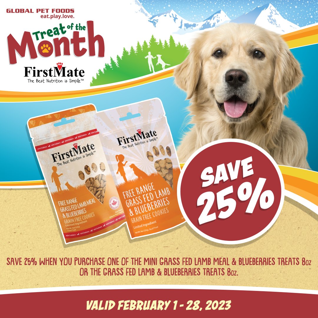 GlobalPetFoods's tweet image. New month new deal! Save 25% when you purchase one of the FirstMate Mini Grass Fed Lamb Meal and Blueberries treats (8oz) or the Grass Fed Lamb and Blueberries treats (8oz) at participating stores. #TreatOfTheMonth #FirstMate #GlobalPetFoods