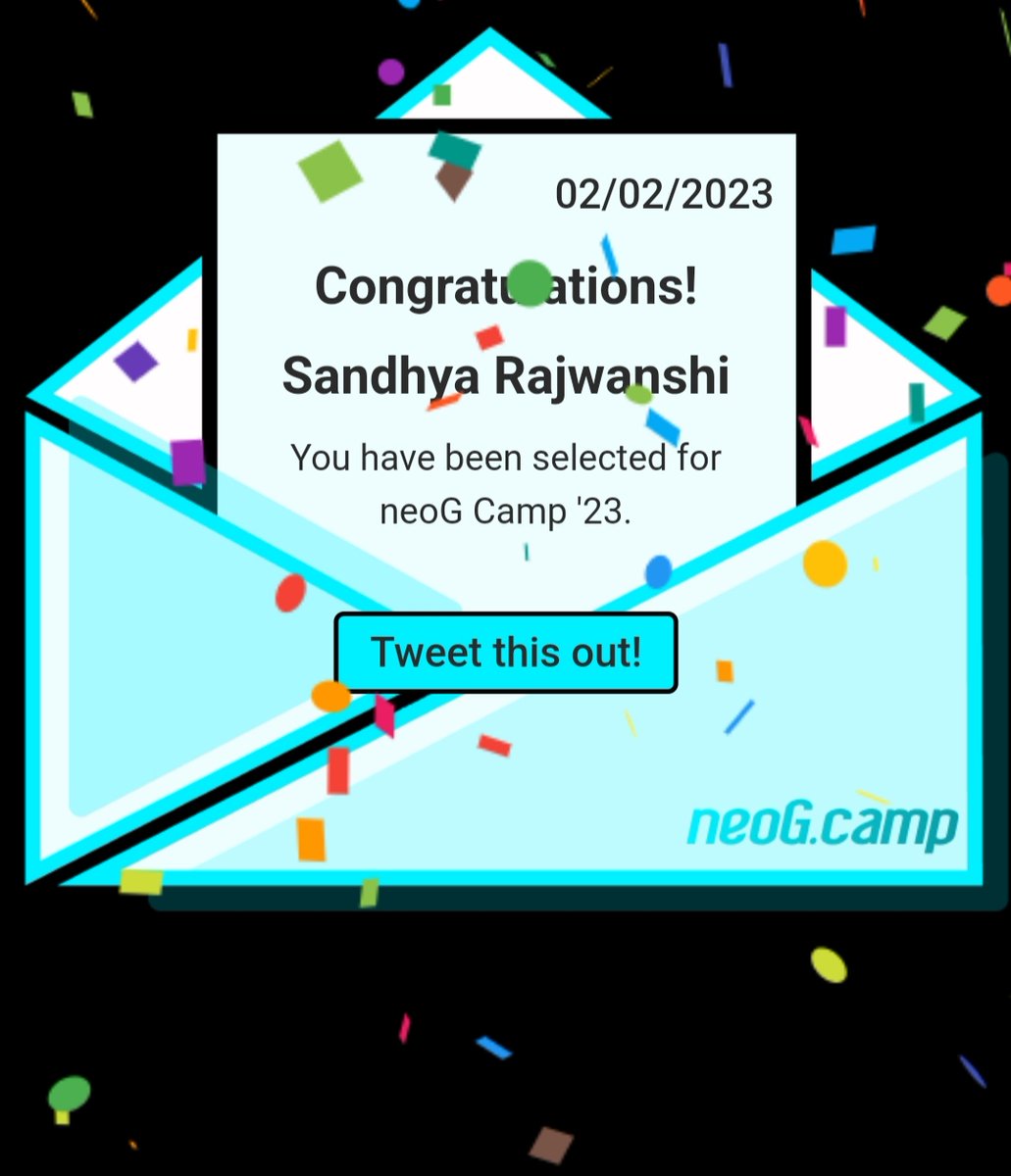 Guys! Just got into #neogcamp23 @neogcamp 🎊🪅 Can't wait to learn from the best! @tanaypratap @VikramSanthalia @ch_akanksha