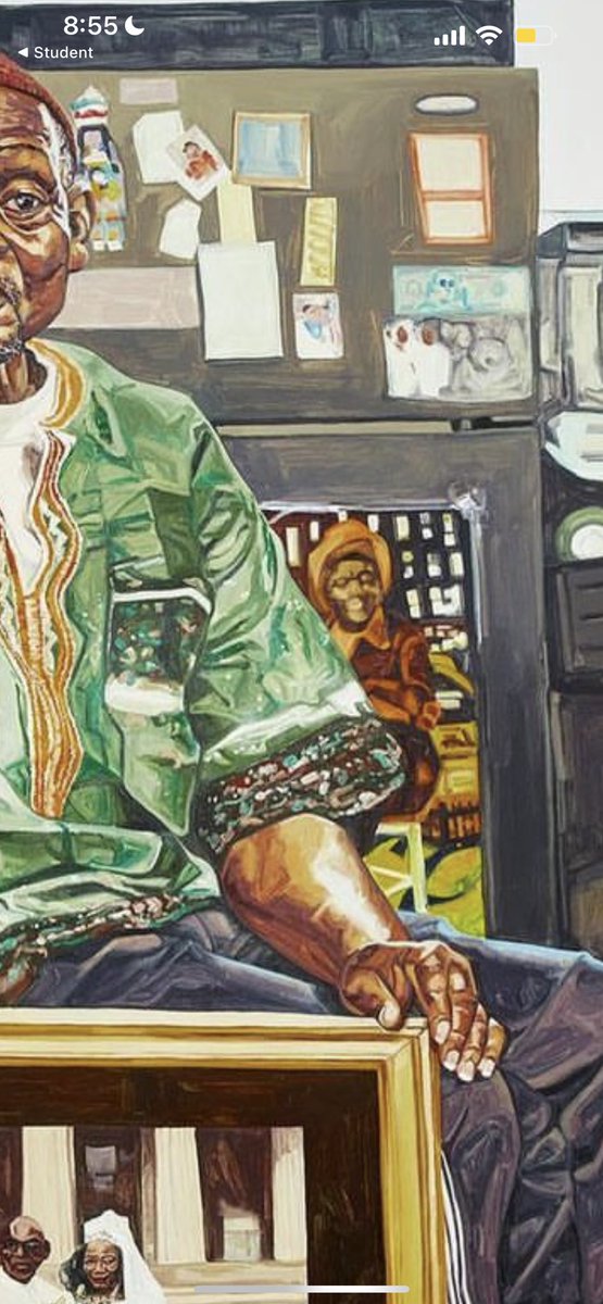 BisterB3000's tweet photo. #ARTH287ArtonInsta I chose this piece because I find the representation of time here really interesting. The subject is seen holding an older image of himself and also if you look in the background a past portrait painted by casteel of the individual is on the refrigerator. https://t.co/k8Z4qzsgRp