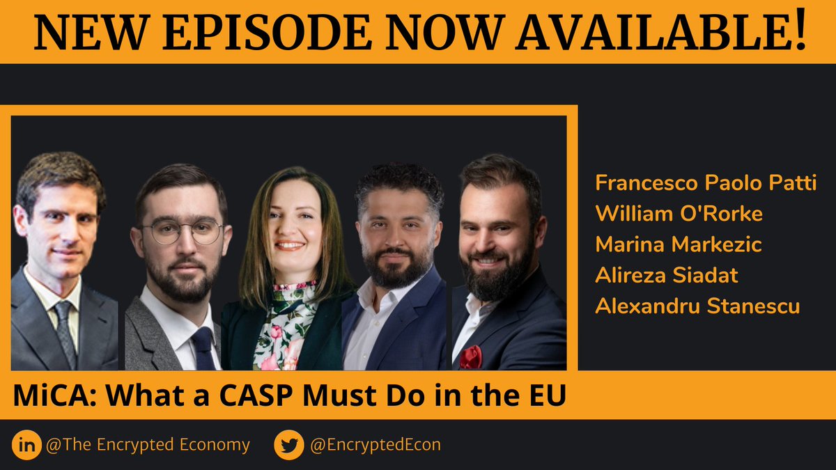 NEW EPISODE NOW AVAILABLE!

This week's special guests: Francesco Paolo Patti, <a href="/williamororke/">William O'Rorke</a>, <a href="/MarinaMarkezic/">Marina Markezic</a>, Alireza Siadat, Alexandru Stanescu join us to discuss...

MICA: WHAT A CASP MUST DO IN THE EU

Tune in on your favorite #podcast app!

#EUCrypto #DigitalAssets #Crypto