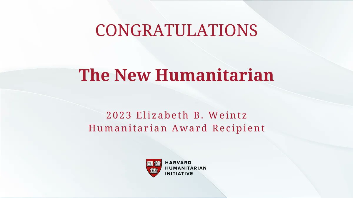 We're excited to announce that the <a href="/newhumanitarian/">The New Humanitarian</a> is the 2023 Elisabeth B. Weintz #Humanitarian Award recipient! Its CEO, <a href="/HebaJournalist/">Heba Aly</a> will receive the award on behalf of the org during an online event (May 11) organized w/ #HarvardChanStudio. Stay tuned for more details!