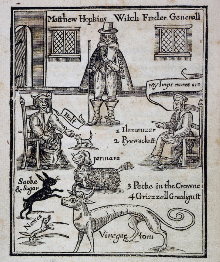 WeirdMedieval's tweet photo. a 1648 woodcut showing the names of witches' familiars, including:
-griezell greedigutt
-pyewackett
-jarmara
-vinegar tom https://t.co/kvbk8YKlXC