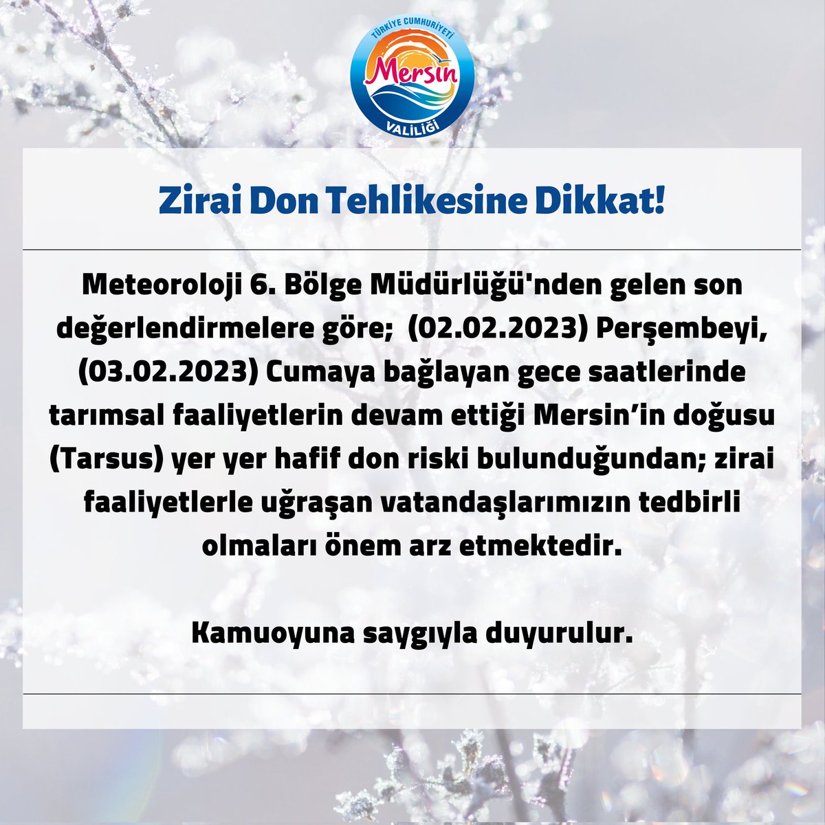 MersinValiligi's tweet photo. ⚠️METEOROLOJİK UYARI❄️🧊 https://t.co/YFmIZZmshB