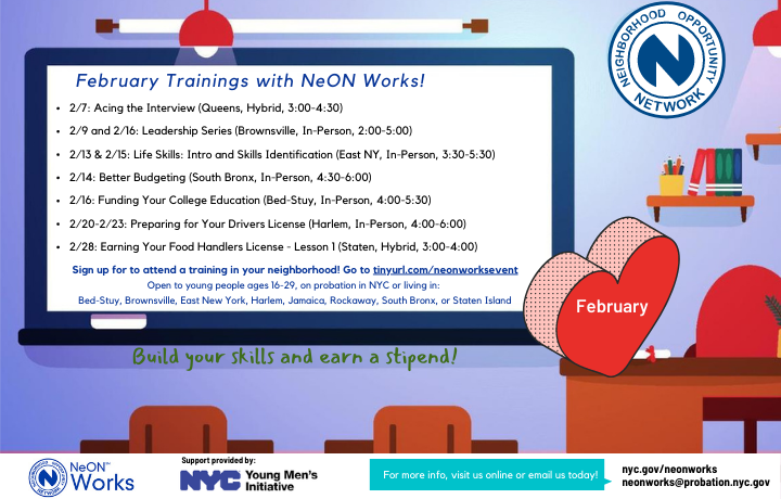 Knowledge is power! Build your career &amp; college readiness with NeON Works.  Increase financial literacy, prepare to ace an interview, plan for higher education, and more.  Register today for a workshop near you!  nyc.gov/site/neon/even…  #StrengtheningCommunities #ChangingLives
