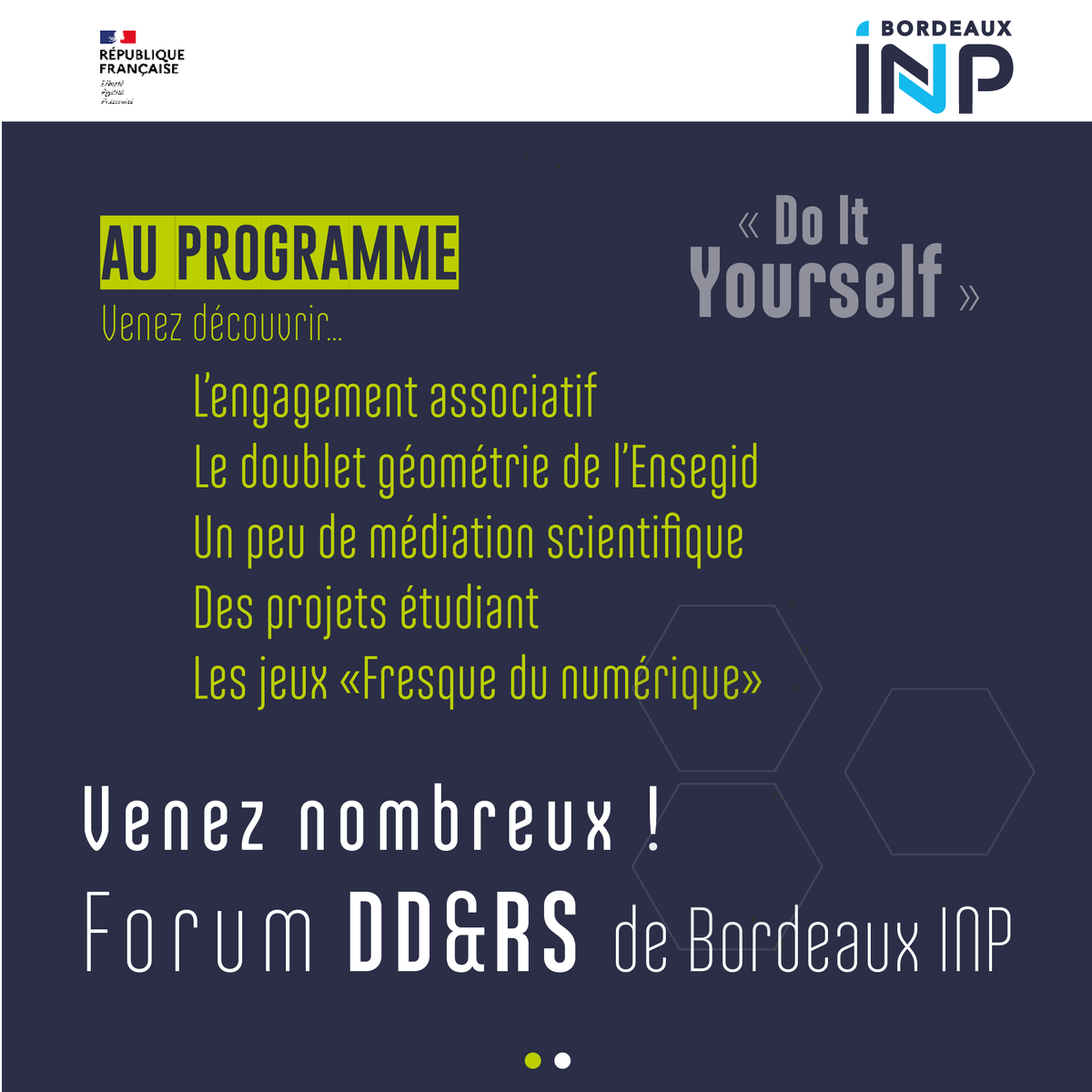 🌱🌍Le Forum Développement Durable et Responsabilité Sociétale de Bordeaux INP est le rendez-vous annuel qui aborde les enjeux environnementaux, sociaux et économiques au travers de vidéos, d'ateliers et d'animations...

🗓️ jeudi 9 mars 2023 de 12h30 à 16h30
📍 ENSEGID