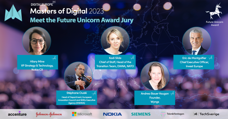 DIGITALEUROPE's tweet photo. Who will prevail in the 2023 Future Unicorn Award? Meet the jury that will crown the winner ⤵️

From the 9 nominees, @Hmine_NOK, Kadi Silde, @EMontgolfier, Andrea Bauer Vaugan and @OUAKIS will decide who lifts the trophy at #MoD2023.

Don't miss it, register now!