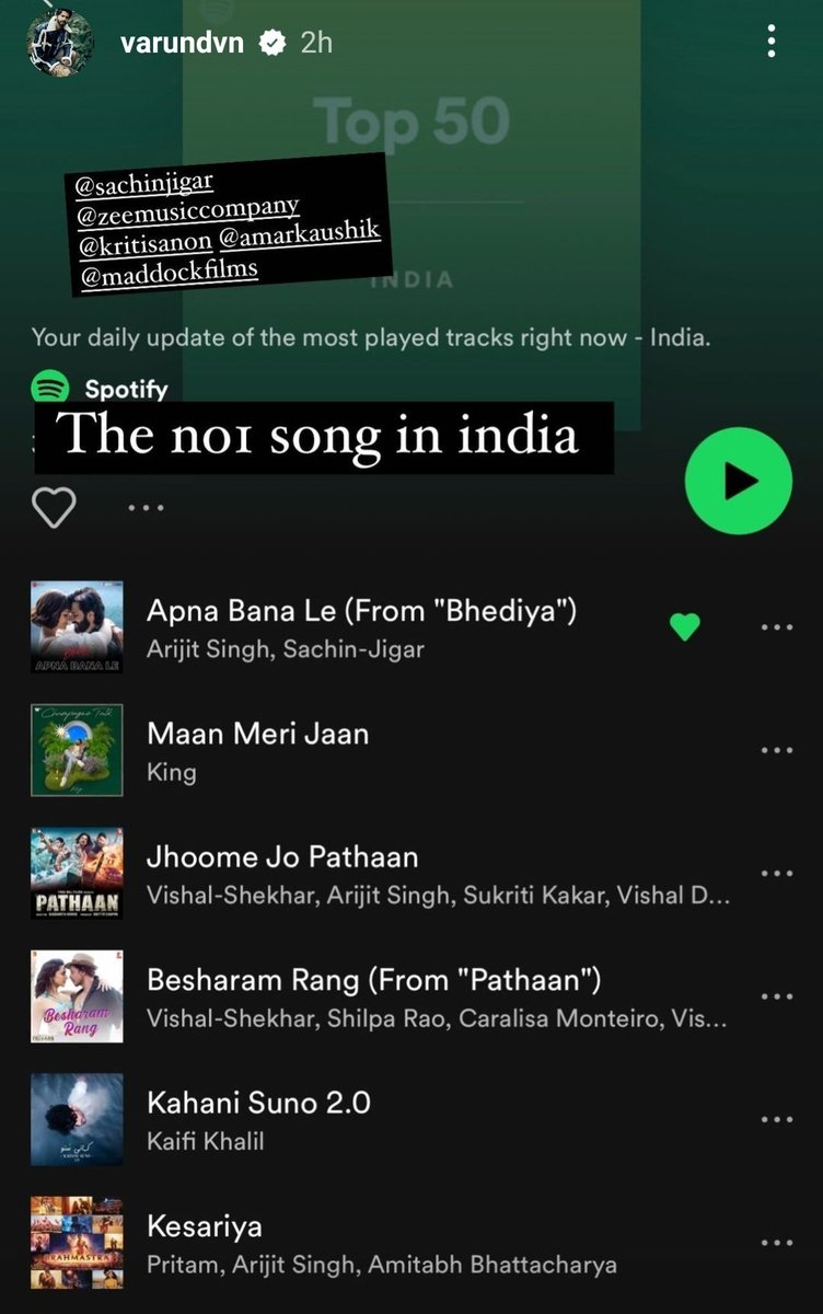 Wow  #apnabanale no 1 song in India 
Finally good music got appreciation ❤️
#KritiSanon
#varundhawan
#sachinjigar