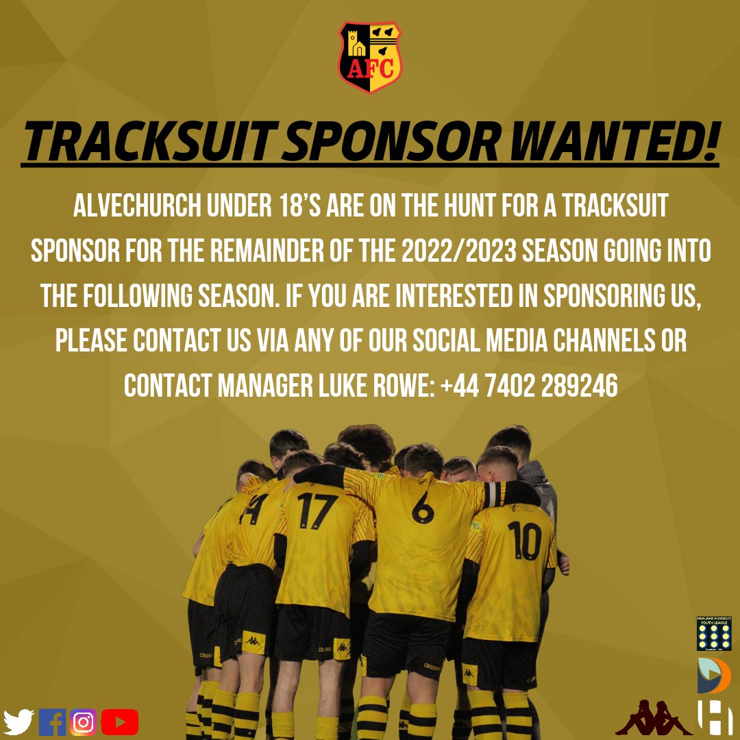𝐖𝐀𝐍𝐓𝐄𝐃 📌 | Alvechurch U18's are on the lookout for a tracksuit sponsor to sponsor us for the remainder of the 22/23 season and for next season.

If this interests you, please see the contact details for more info. Any shares would be highly appreciated, too! 🤝