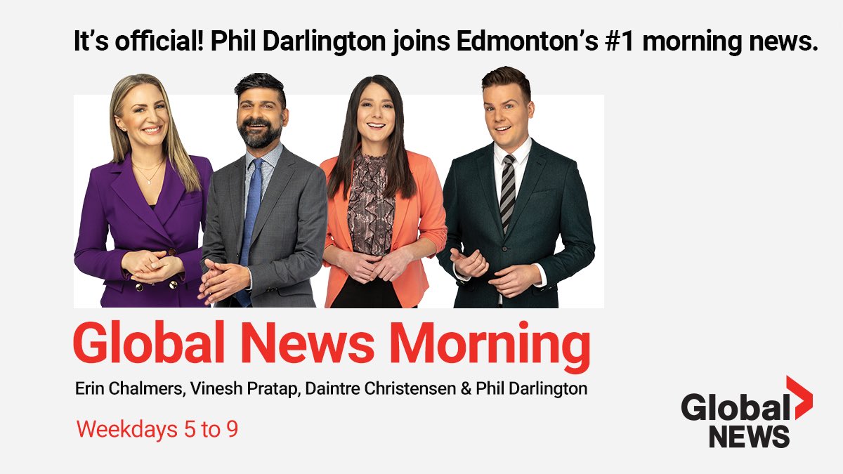 GlobalEdmonton's tweet photo. It's official! Phil Darlington joins Edmonton's #1 morning news.
Wake up weekday mornings with @ChalmersErin @vineshpratap @Daintre_ and @PhilDWeather on Global News Morning. https://t.co/Nq65jCBaeO