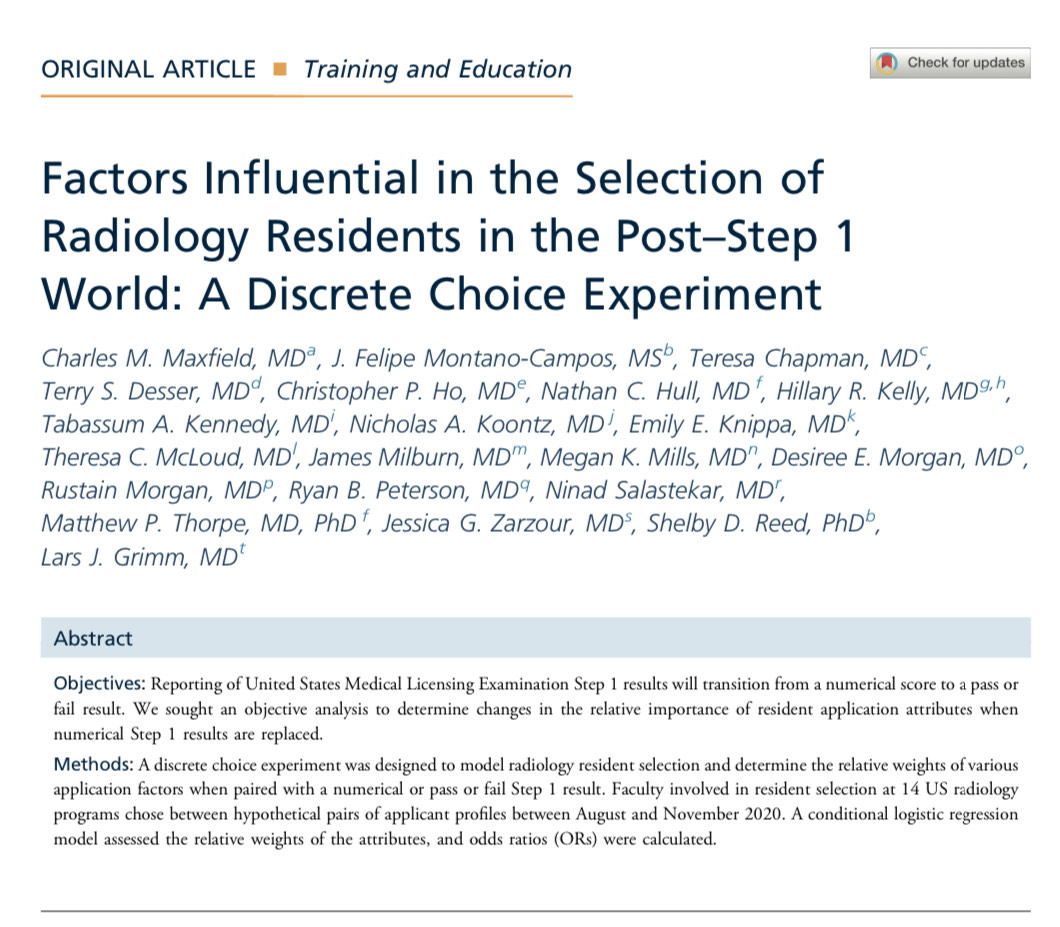 erina_quinn's tweet photo. Here’s another brilliant example of DCE in education research:

https://t.co/KH6ZCbOldH

In this paper, Chuck Maxfield and his @radRRERA team use DCE to study the relative weights of various residency application factors before &amp; after the move to Step 1 Pass/Fail. https://t.co/SGj1p1T2Cu