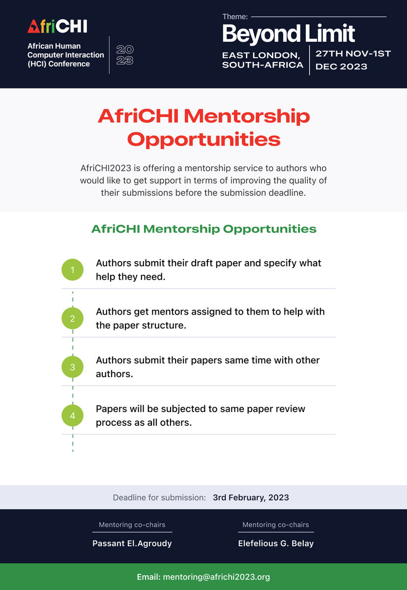 AfriCHI_Conf's tweet photo. 🔴 One day left 🔴
One day left for draft paper submission to the mentorship program. Send your draft papers to mentoring@africhi2023.org
#africhi_2023 #africhi https://t.co/jNnPbWAZ9z