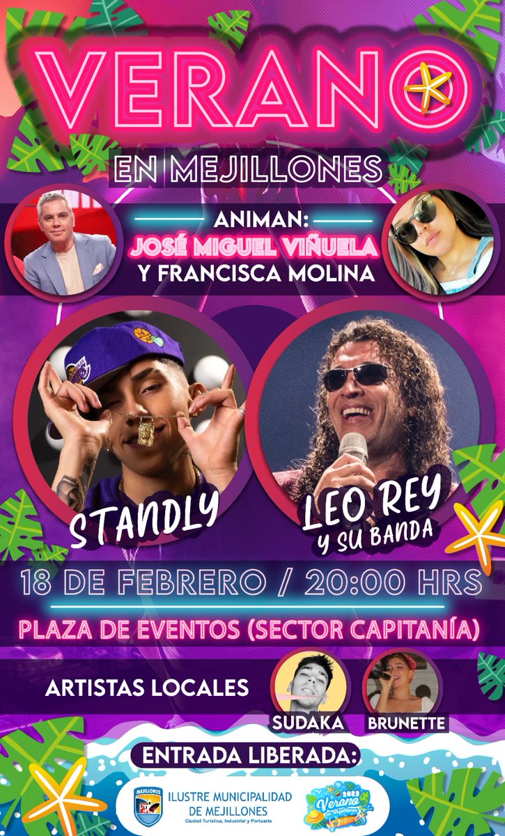Show #verano2023 en #Mejillones

Te esperamos con lo mejor de la música urbana Standly  y la trayectoria de Leo Rey y su banda

Te esperamos en la Plaza de los Eventos, este el 18 de febrero a las 20:00 horas. 

Invita Ilustre Municipalidad de Mejillones.

#verano #show #gratis